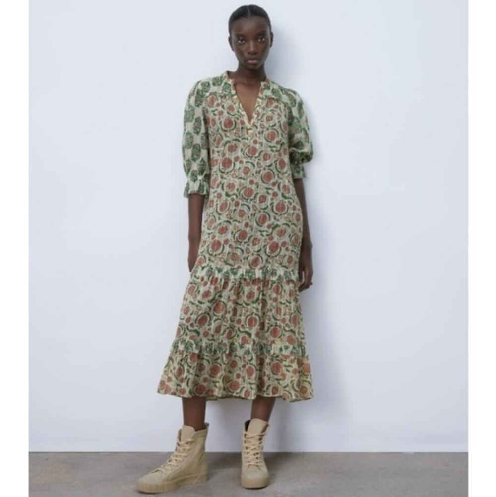 Zara Dominica Patchwork Floral Print Tiered Ruffle Cotton Midi Dress Size XS